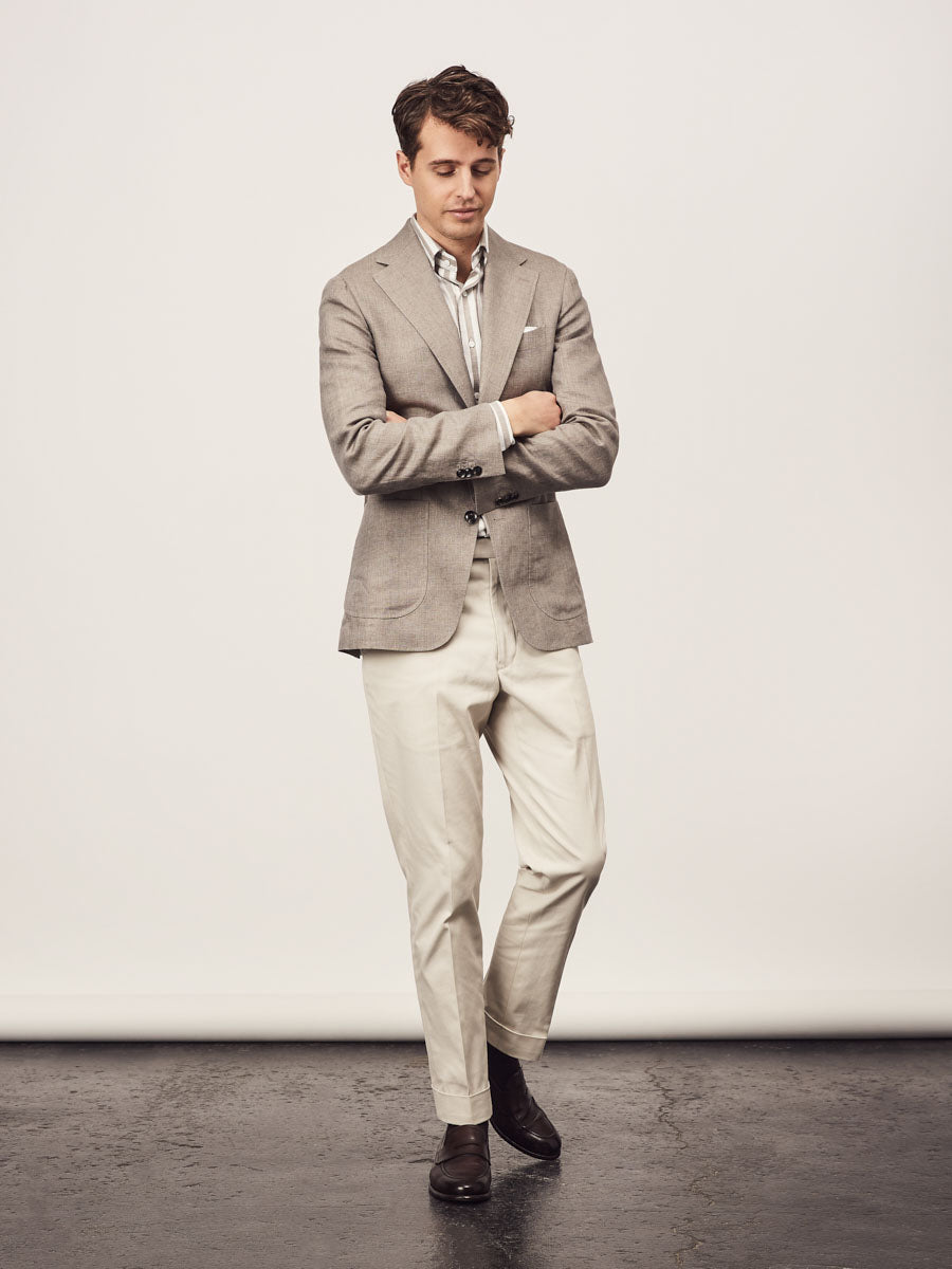 Mid brown linen jacket + off white cotton trouser