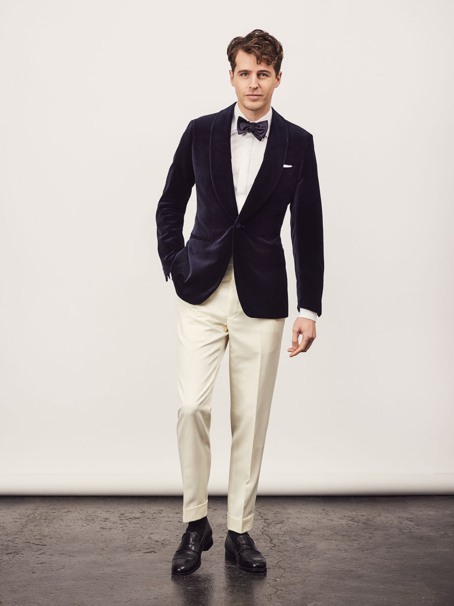 Navy velvet jacket + off white wool trouser | Oscar Hunt