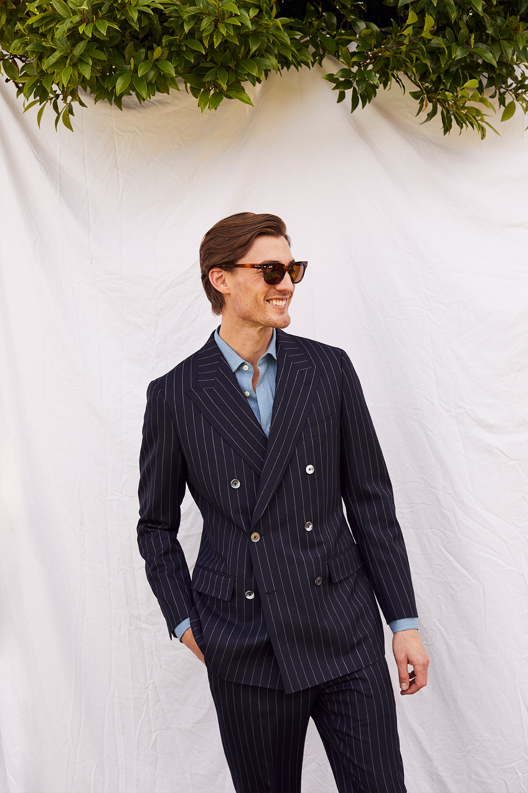 Double breasted navy deals chalk stripe suit