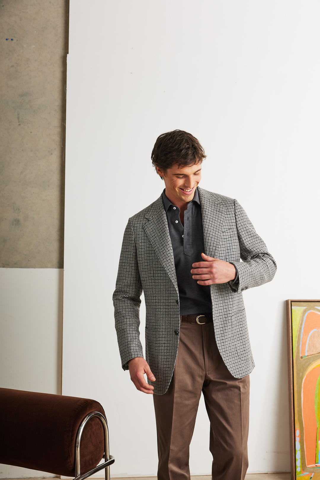 Charcoal Houndstooth Single Breasted Jacket and Taupe Brushed Cotton Chinos