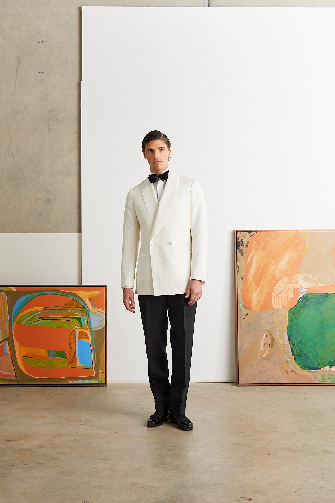 Off White Linen, Wool, Silk blend Shawl Lapel Double Breasted Jacket and Black Linen Trousers