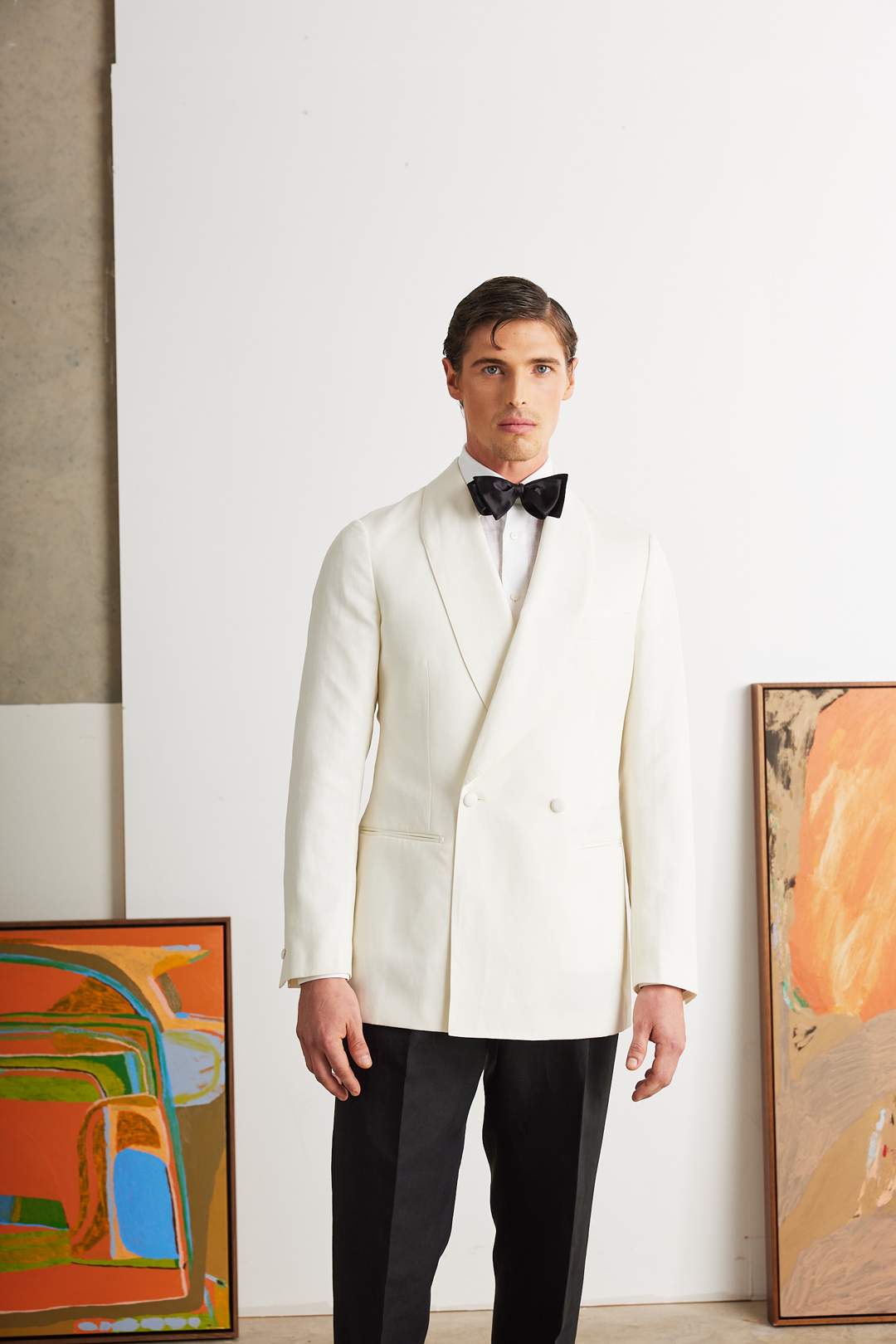 Off White Linen, Wool, Silk blend Shawl Lapel Double Breasted Jacket and Black Linen Trousers