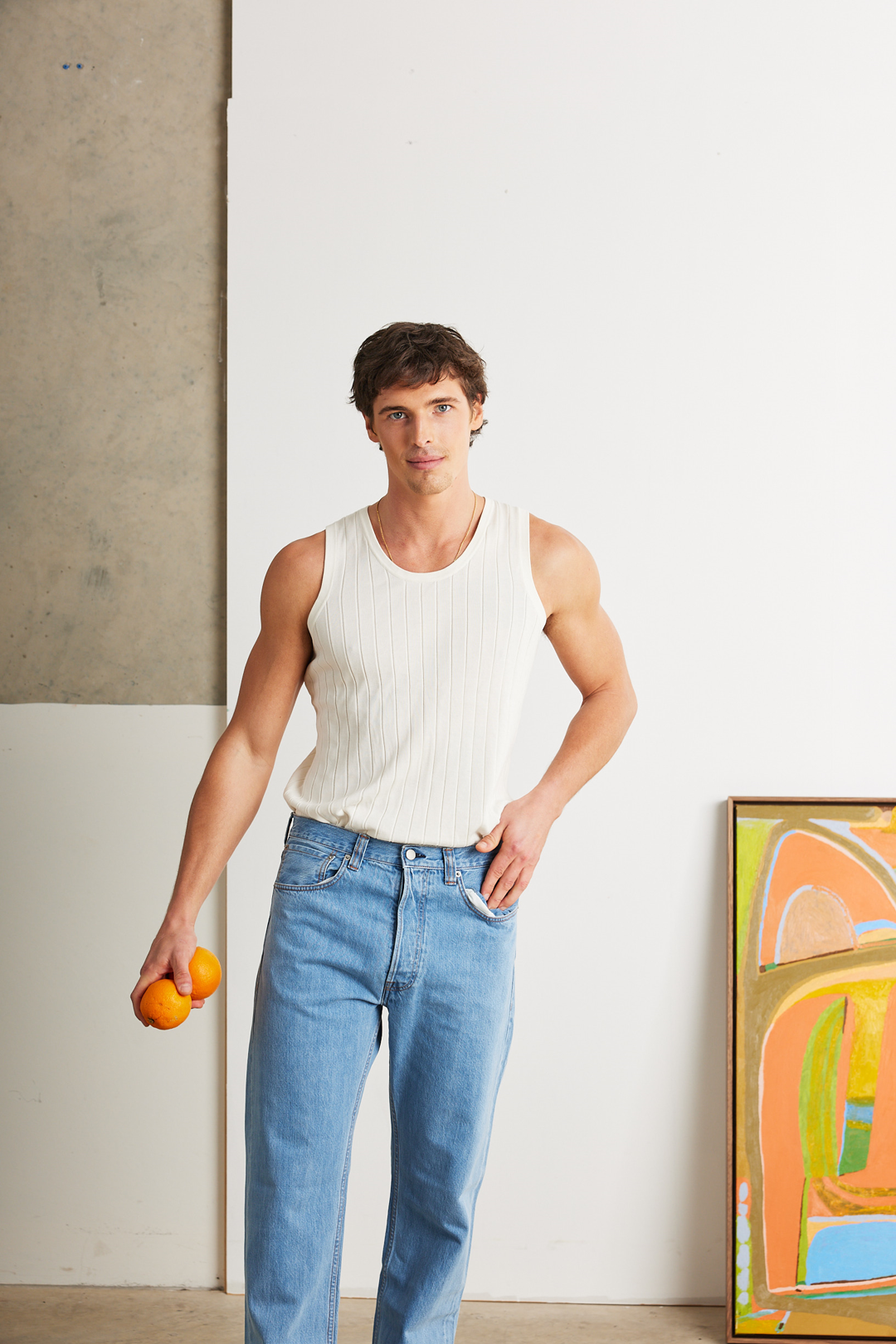 Knitted Cotton Singlet and Light Wash Jeans