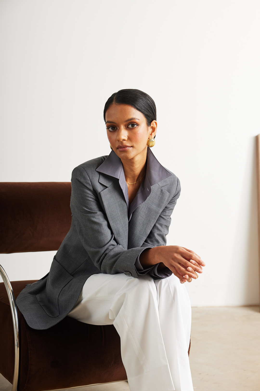 Mid Gray Single Breasted Jacket and White Cotton Trousers