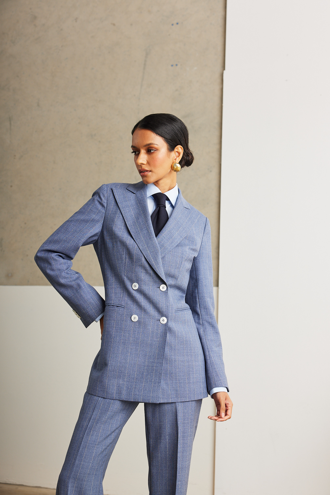 Light Blue Chalk Stripe Double Breasted Suit